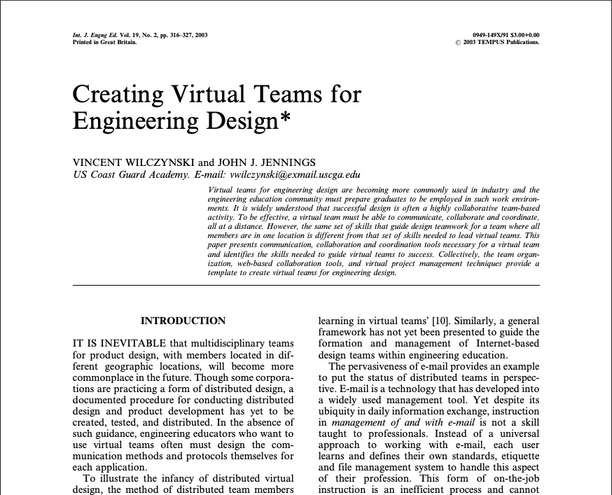 Creating Virtual Teams for Engineering Design paper by Vincent Wilczynski and John J. Jennings